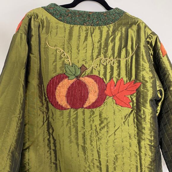 Vintage 90s Green Grannycore Fall Pumpkin Halloween Patchwork Jacket XXL - Picture 6 of 7